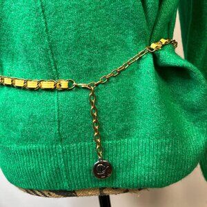Women's Vintage Escada Chain Belt Gold Tone Logo Charm Adjustable Designer Belt